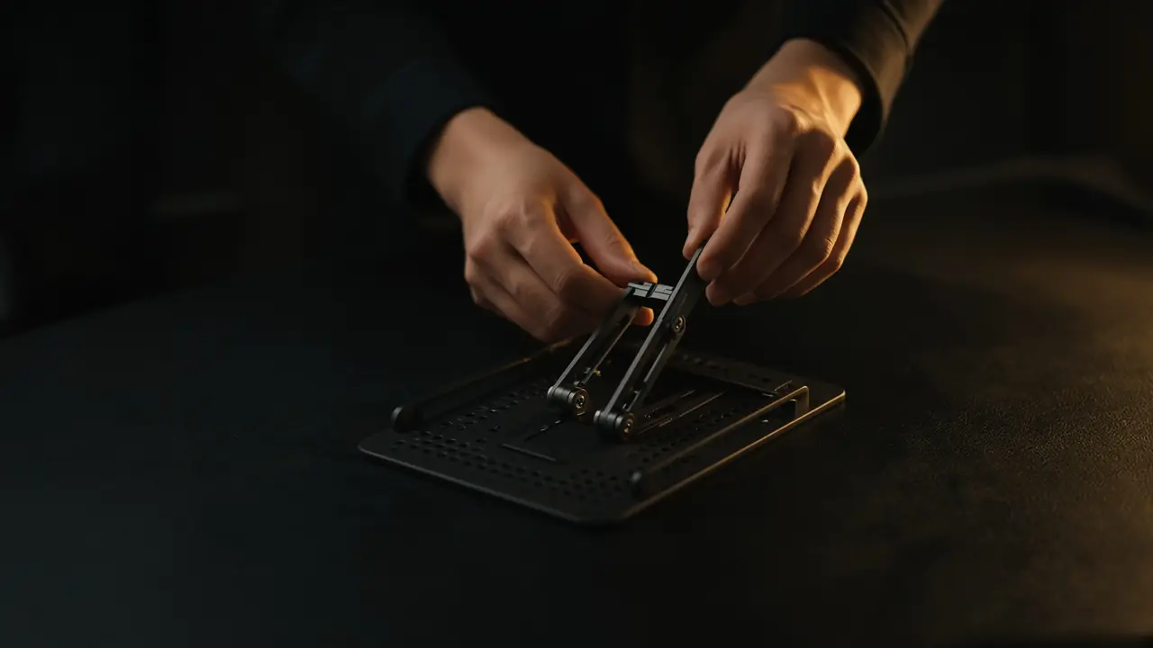Hands assembling a stand on a black desk.