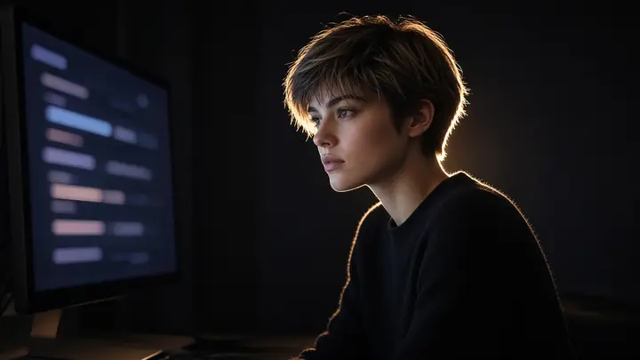 A person beside a monitor of soft glowing bars. No words on the screen.