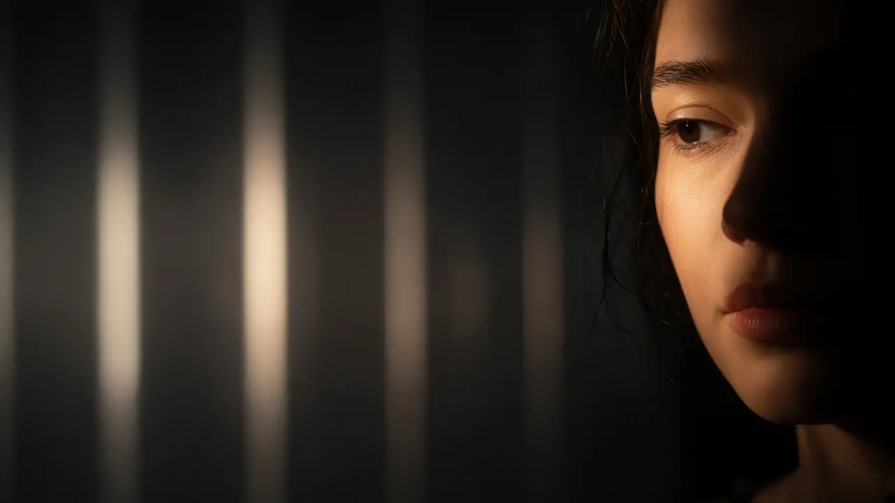 A face half lit by a monitor of soft bars. No words.