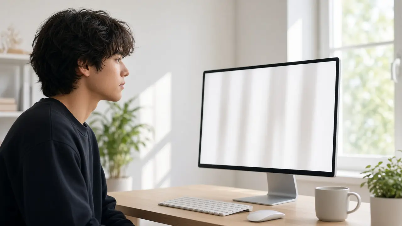 A person in profile at a bright desk. The monitor is soft bars.
