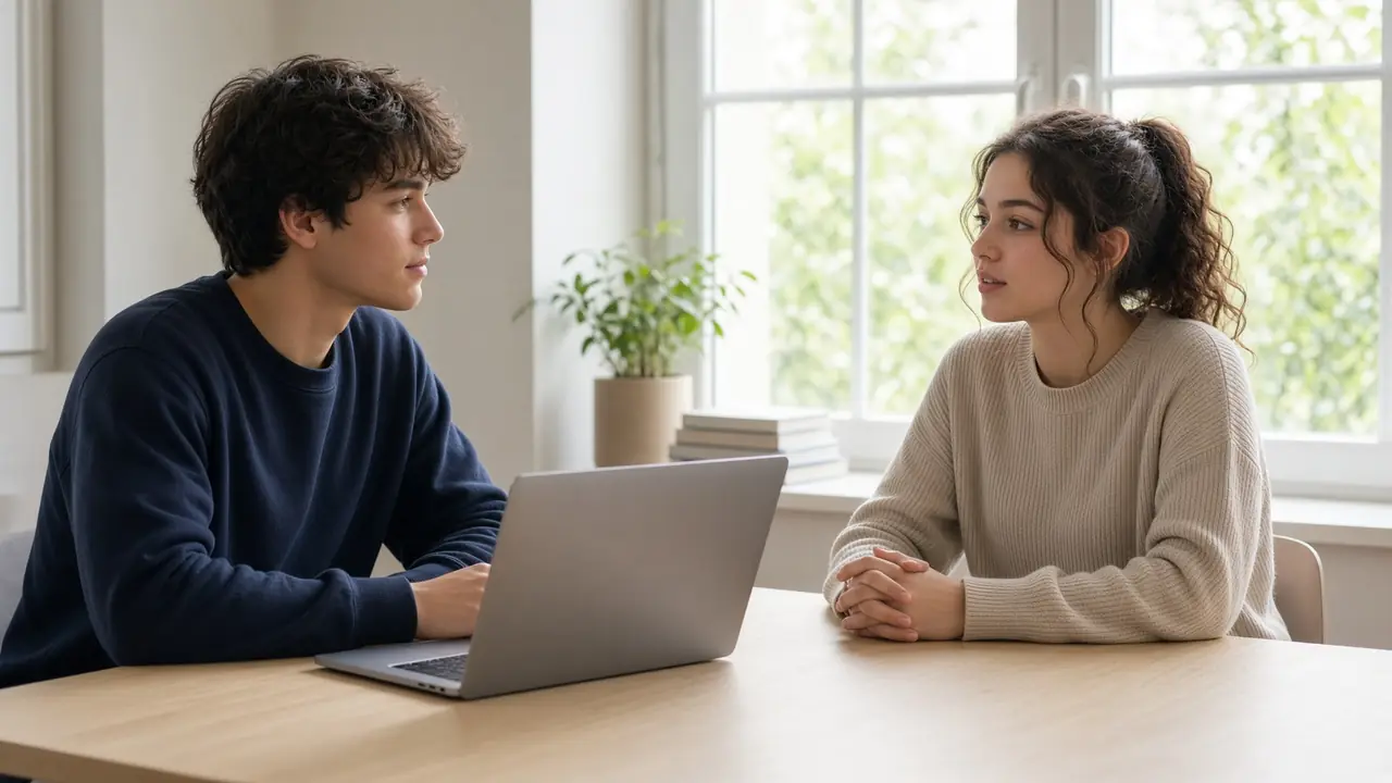 Two people talk across a laptop, in daylight.