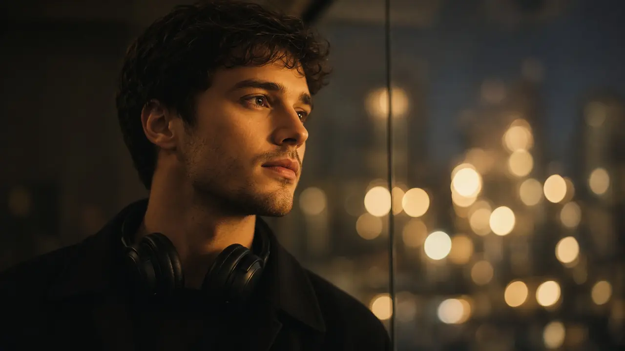 A young man looks toward a screen out of frame. Not a reception desk.