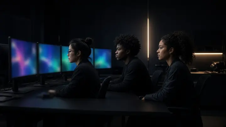 Three people around monitors in a night studio. The screens are blurred color.