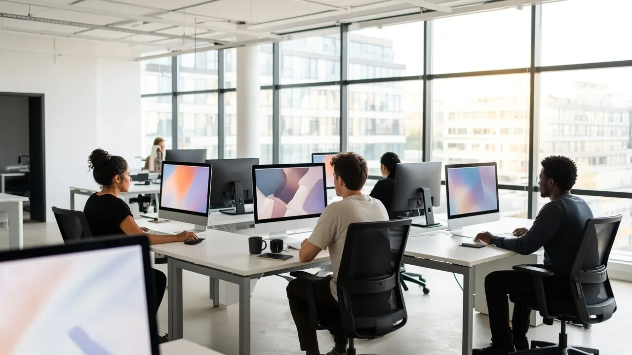 A daylight studio, young people at monitors. The screens cannot be read.