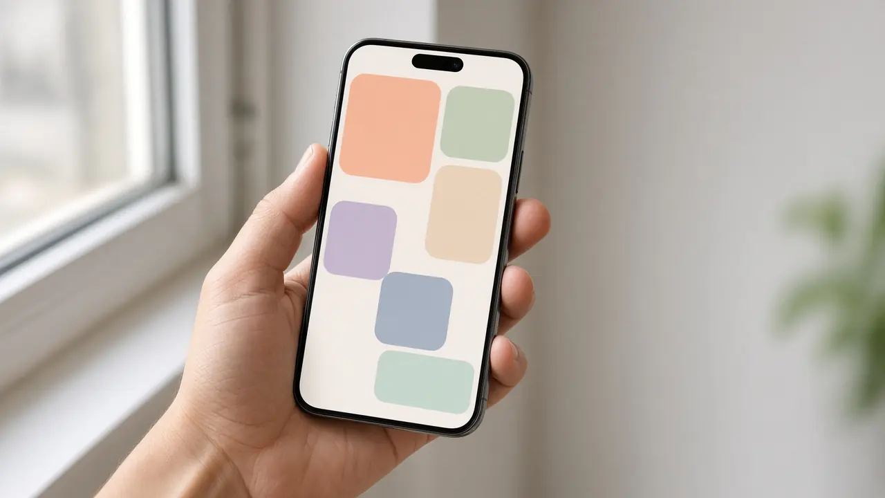 A hand holds a phone by a window. The app has no text.