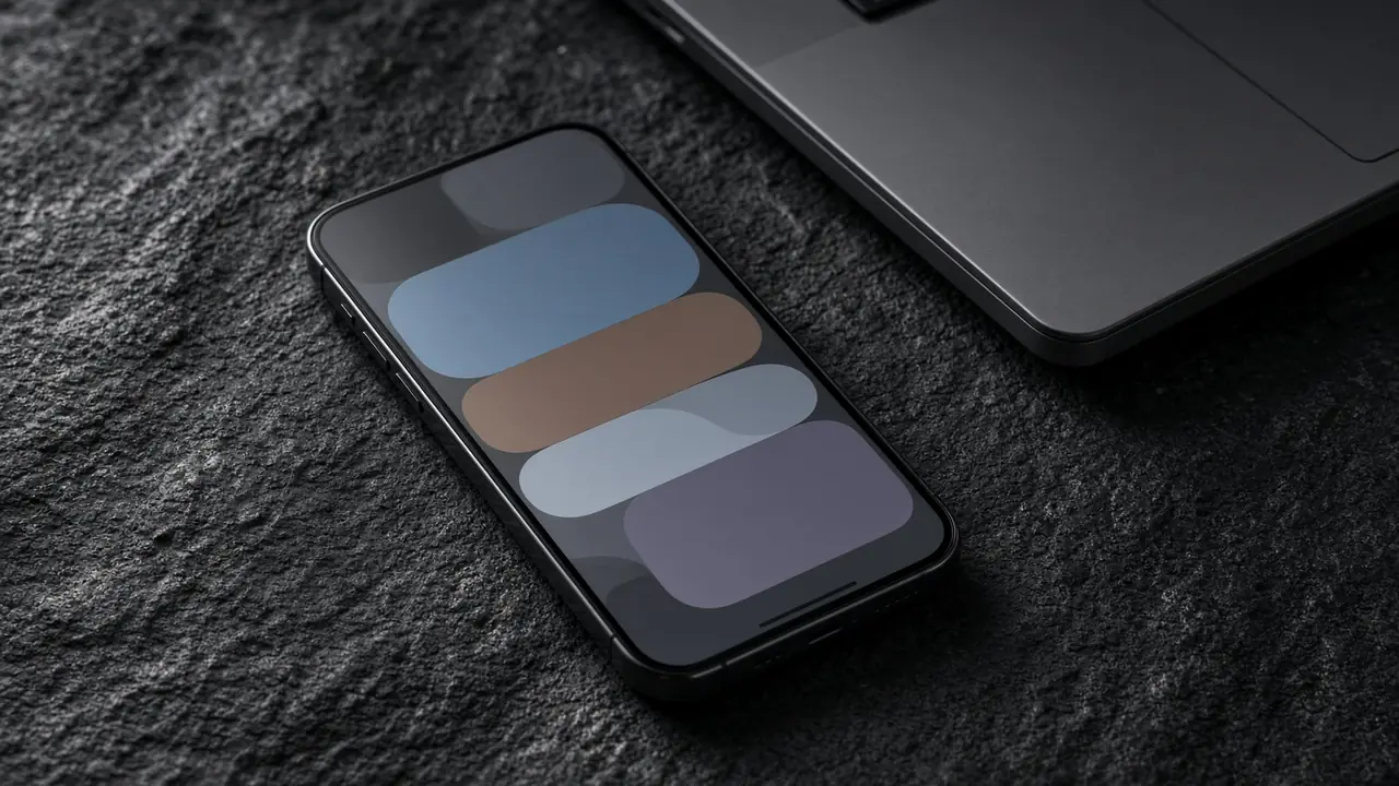 A phone on black stone beside a laptop. The app has no text.