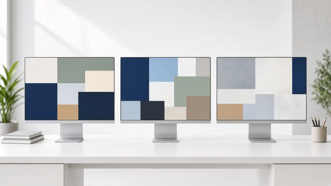 Three monitors with abstract layouts, in daylight.