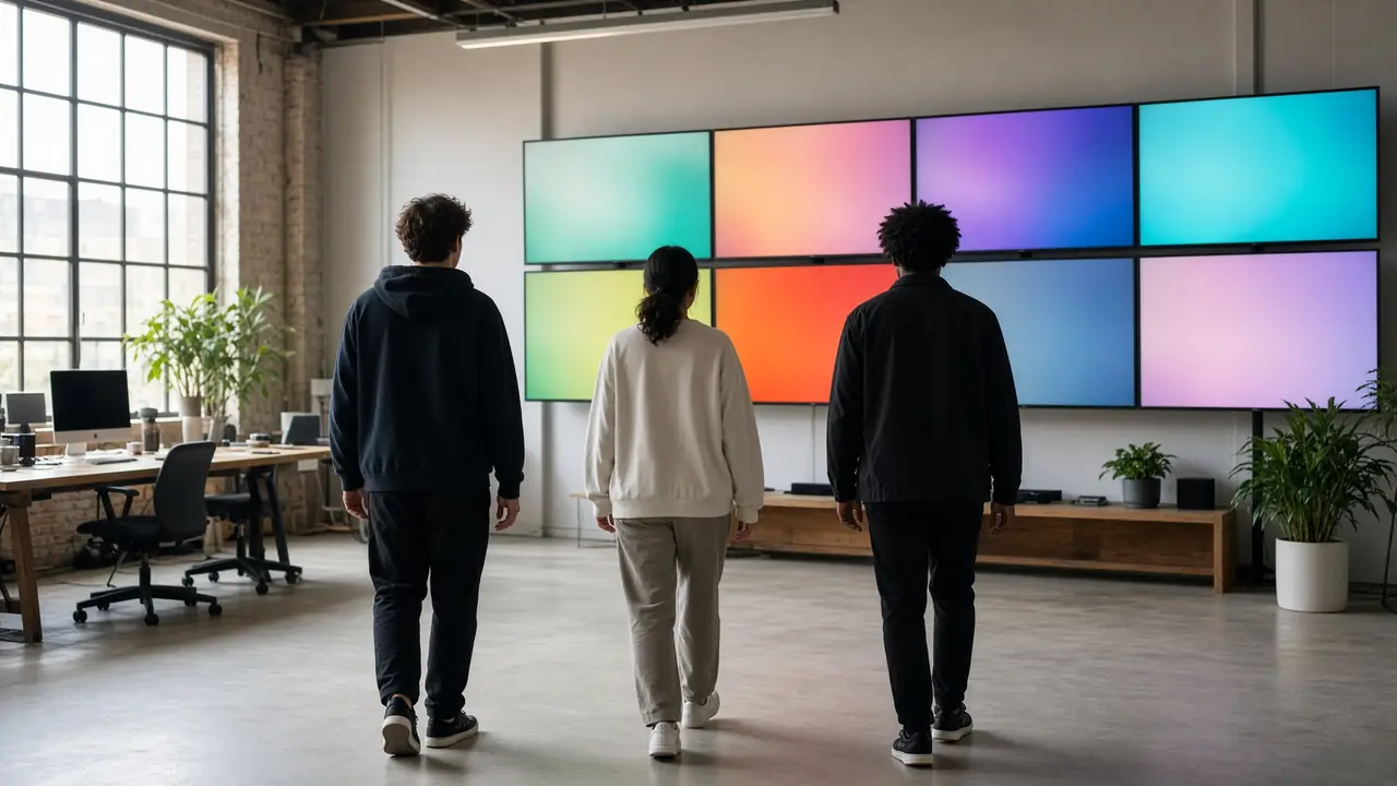 Three people walking toward bright monitors. The screens cannot be read.