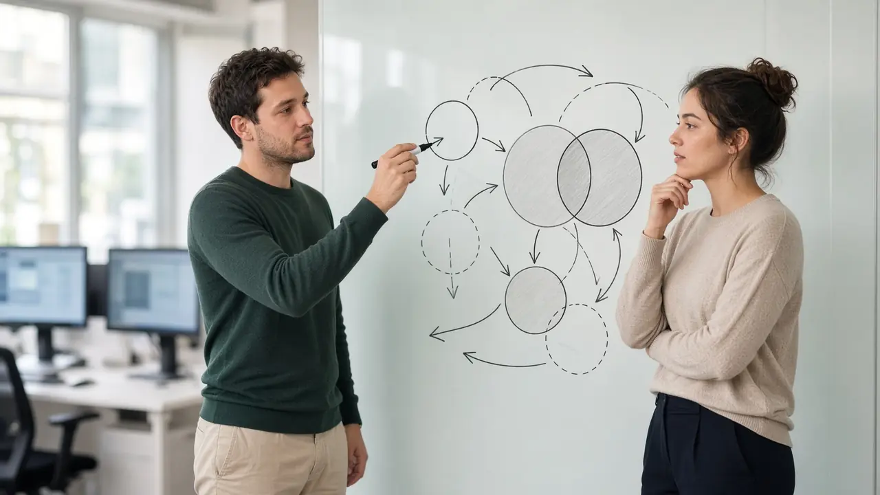 Two people at a whiteboard of circles, in daylight.