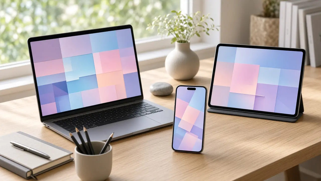 A laptop, a phone, and a tablet by a window. No text on the screens.