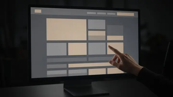 A hand pointing at a layout of gray and champagne blocks on a large monitor.