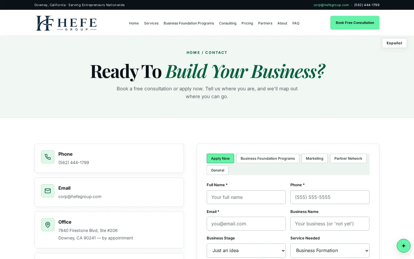 HEFE GROUP contact section.