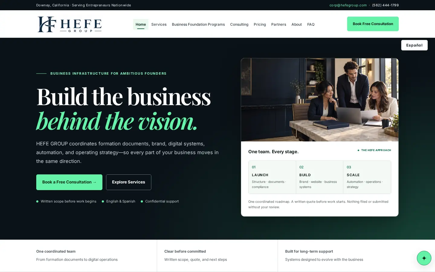 HEFE GROUP homepage on a desktop screen.
