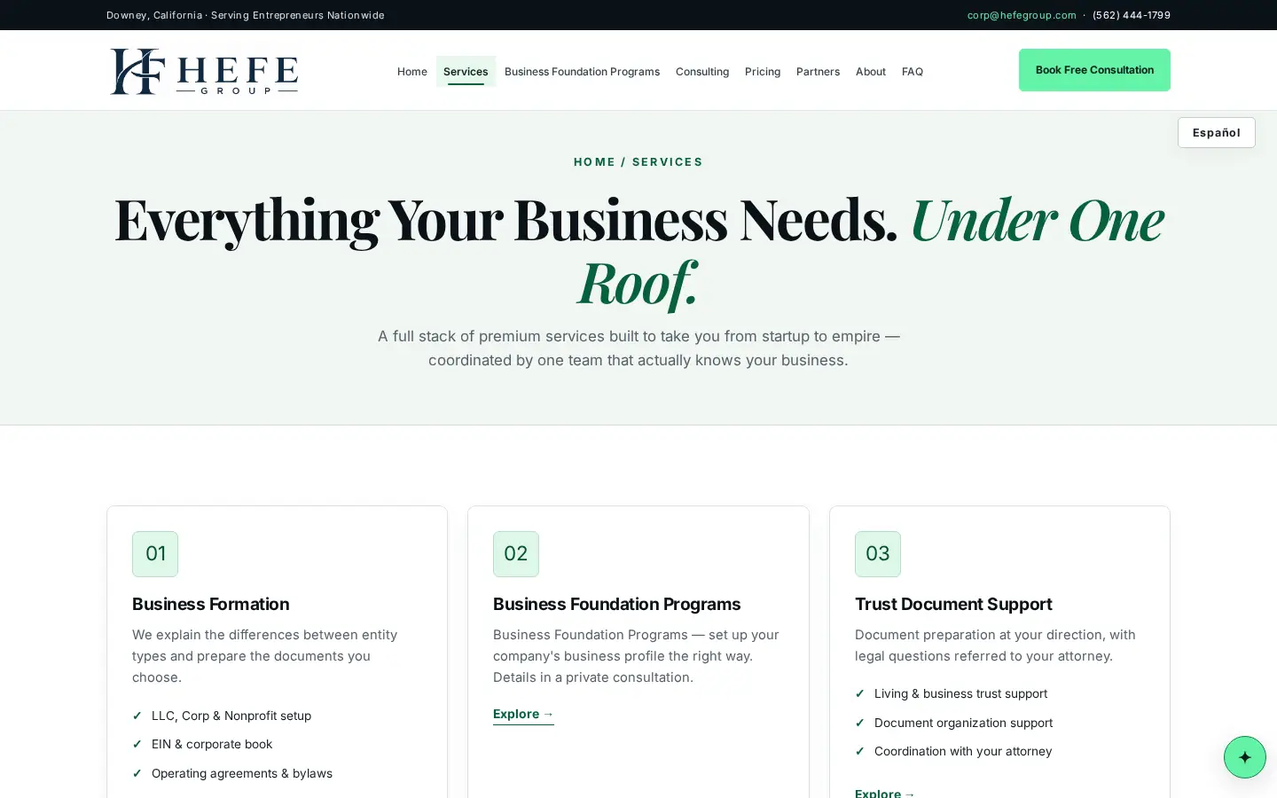 HEFE GROUP services section.